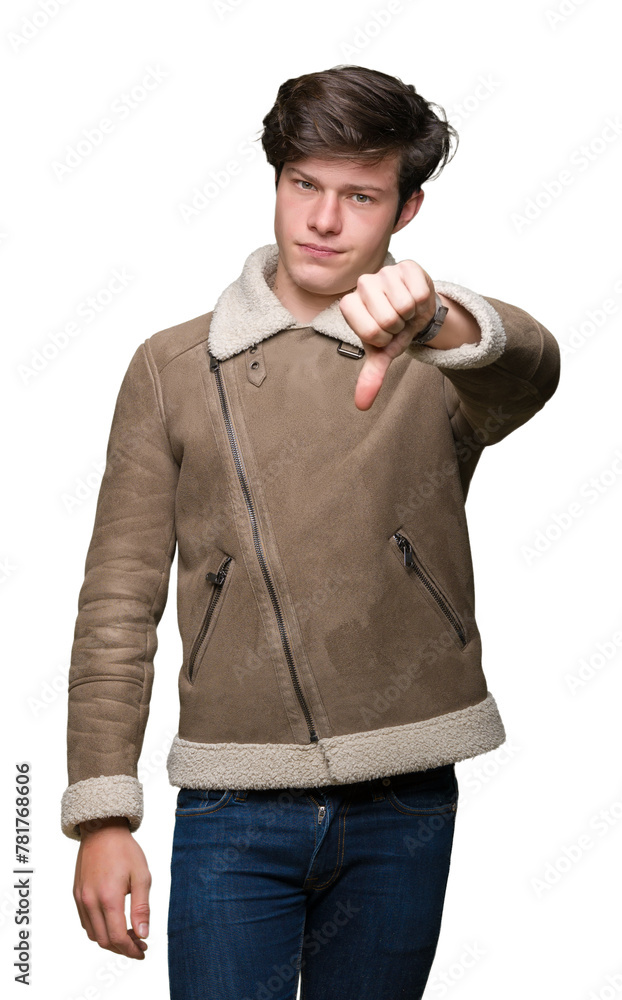 Sticker Young handsome man wearing winter coat over isolated background looking unhappy and angry showing rejection and negative with thumbs down gesture. Bad expression. - Stickers
