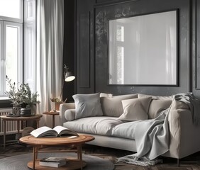 Mockup frame set in modern dark living room interior. Presented in 3D render. Made with generative AI technology