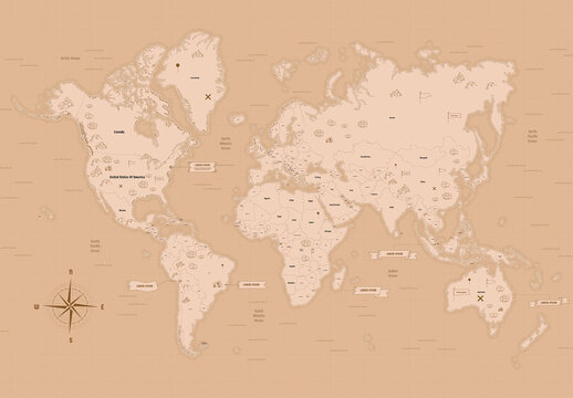 World Map Vector Illustration Kit With Vintage Styling