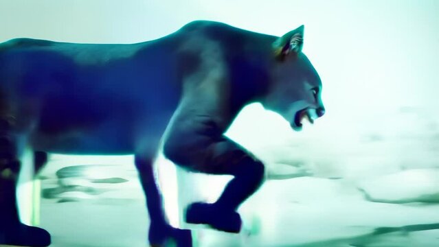 A puma, glowing turquoise, is depicted walking in a white background. This piece has a mystical and powerful atmosphere.
