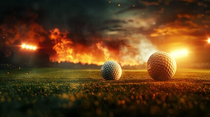 Fiery field as backdrop, a golf ball caught in a close-up with stadium and spotlight drama unfolding
