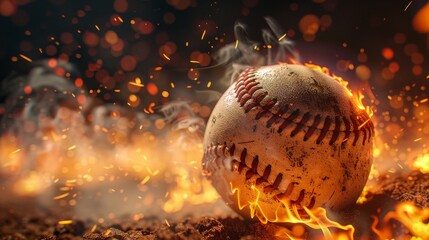 Fiery showdown on the baseball field, close-up of the ball with stadium lights and fire backdrop