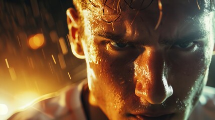 Intense close-up, soccer player's determined face, field ablaze under stadium lights - obrazy, fototapety, plakaty