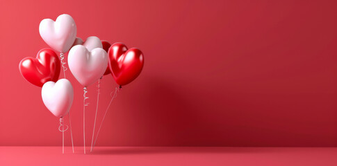 Valentine's day background with heart shaped balloons on red background, top view