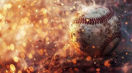 Fototapeta na wymiar Intense spotlight on a baseball, field ablaze in the background, capturing the heat of the moment