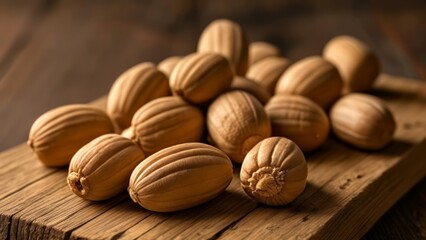  Natural beauty in simplicity  A collection of almonds on a rustic wooden surface