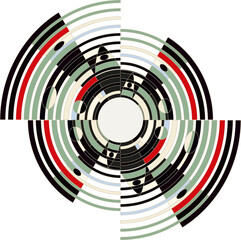 Vector shape in Constructivism style of red, olive, black elements arranged around the center.