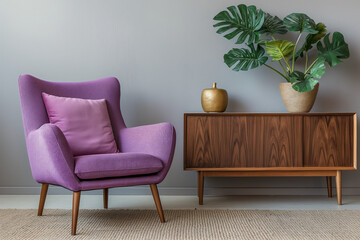 Fototapeta premium Modern Living Room Interior with Violet Armchair and Pink Pillow