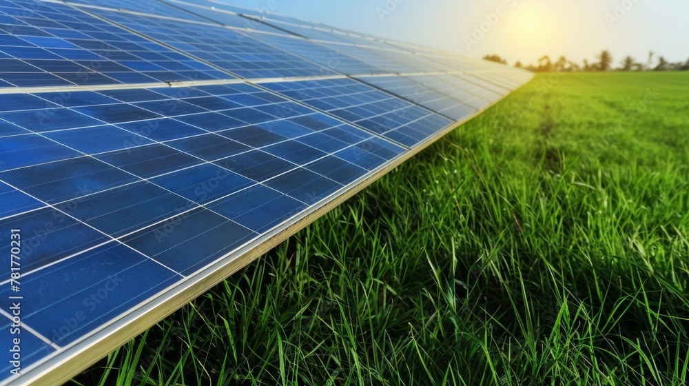 Poster in a vast open field rows and rows of solar panels stretch out into the distance soaking up the suns