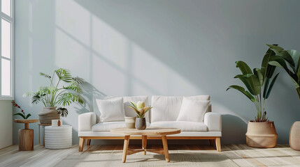 **Scandinavian style living room interior with a sofa, wooden coffee table and potted plants on a light gray wall mockup stock photo.