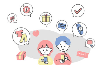 男女がネットショッピングをしているイメージイラスト　背景あり