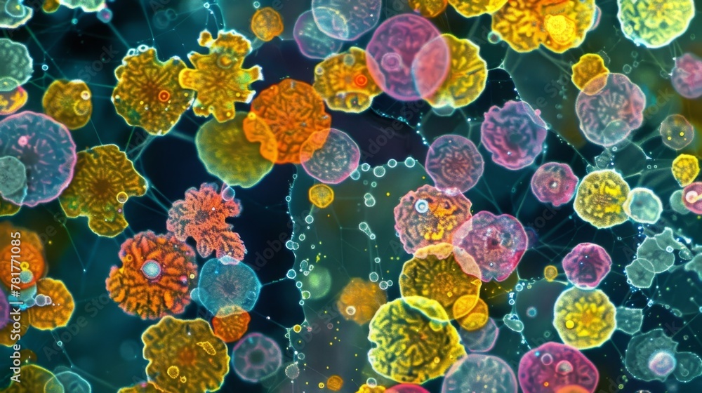 Poster brightly colored spores each with a unique shape and pattern densely cover the surface of a fungal s