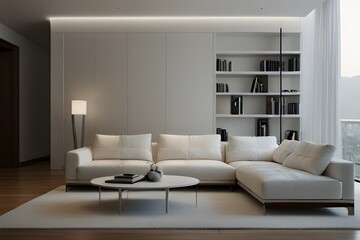 Fototapeta premium Frame mockup, single vertical ISO A paper size, reflective glass, mockup poster on the wall of living room. Interior mockup. Apartment background. Modern interior design. 3D render