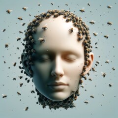 Surreal concept of a calm human face surrounded by a swarm of bees, evoking themes of nature, coexistence, and inner peace amidst chaos