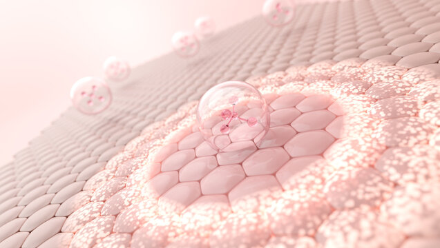 Bubble with collagen molecule, brightening dull skin to healthy