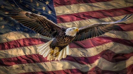 A bald eagle flying over a red, white, and blue American flag. The eagle is soaring high above the flag, creating a sense of freedom and patriotism. The image captures the spirit of the United States