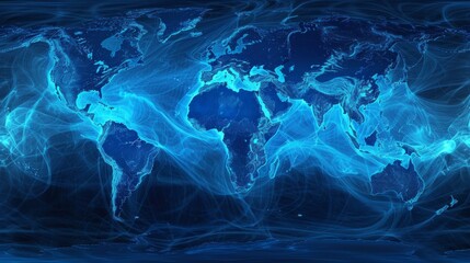Blue world map displayed, showcasing continents, oceans, and countries in various shades of blue. - obrazy, fototapety, plakaty