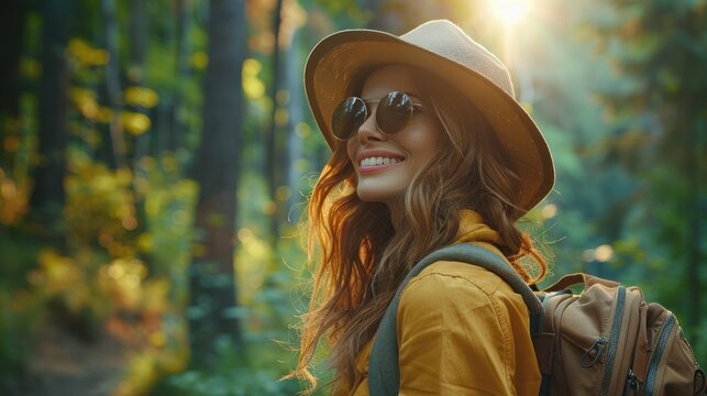 A woman wearing a hat and sunglasses is smiling and holding a backpack.