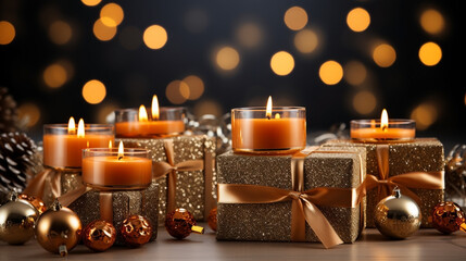 wide horizontal Christmas background image with gold color wrapped gifts and candles on a wooden table and decorated rustic background  