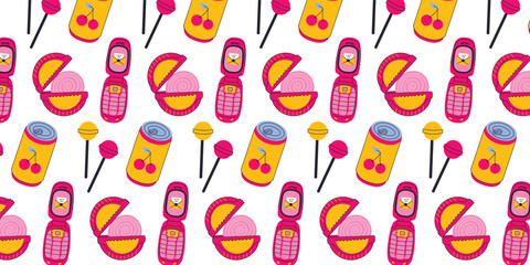 Seamless pattern with retro elements in trendy y2k style. Pnone, candy, lemonade, gum. Nostalgia for the 2000s. 90s 2000s elements in modern flat line style flat. Hand drawn vector illustration.