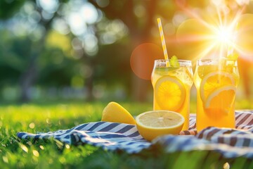 Two glasses of lemonade with a slice of lemon in each. The glasses are on a blanket in the grass - obrazy, fototapety, plakaty