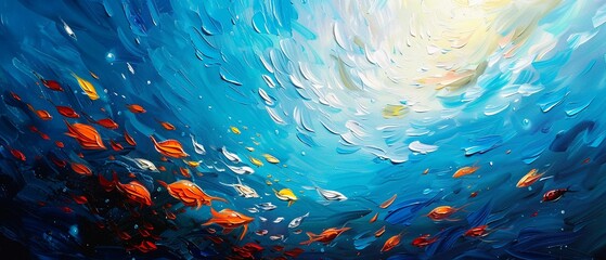 Oil painted abstract of ocean life with marine creatures, palette knife style, on a vivid canvas, highlighted by dramatic lighting and rich highlights - obrazy, fototapety, plakaty