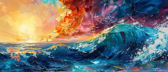 Vibrant, abstract oil painting of a summer ocean scene with marine animals, using a palette knife, on a dynamic background with intense lighting and colorful highlights - obrazy, fototapety, plakaty