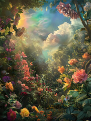 Fototapeta na wymiar Fantastical Floral Oasis with Multicolored Sky