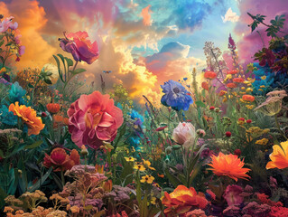 Fototapeta na wymiar Enchanting Flower Garden Under Vibrant Rainbow