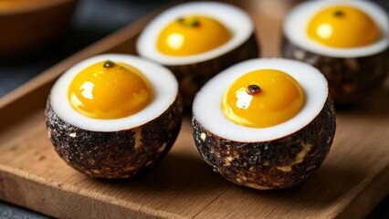  Freshly cracked coconuts with vibrant yellow yolks