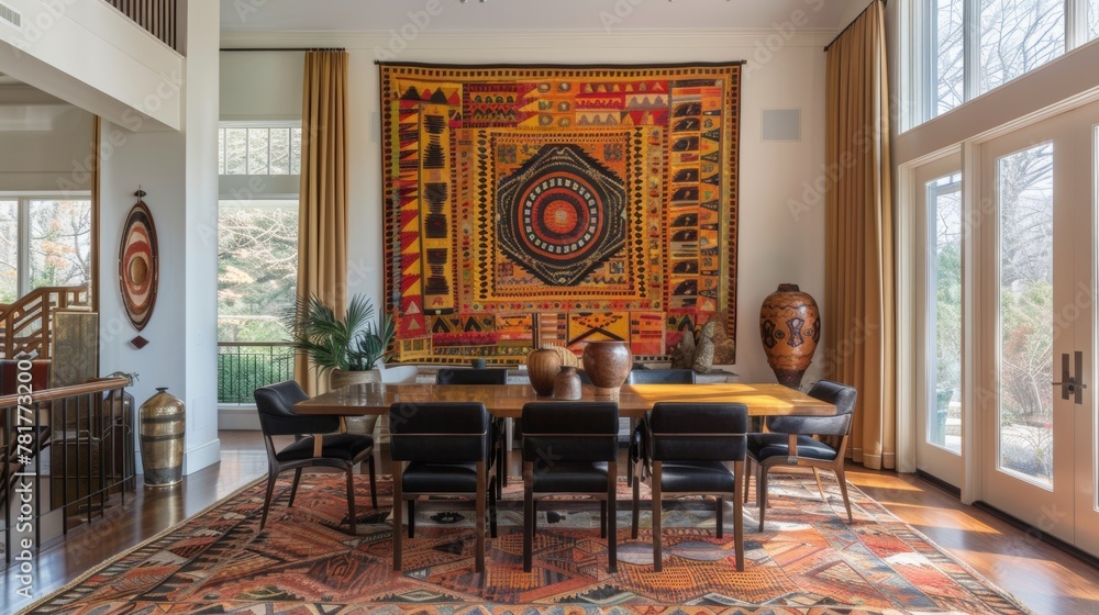 Poster a dining room is brought to life with a large tapestry featuring bold colors and geometric designs i