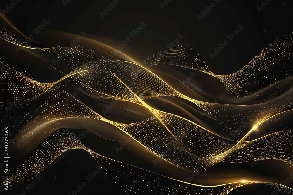 Wall mural vector abstract art with gold, wave line pattern, light shiny, texture on dark, black color backgrou - Wall murals