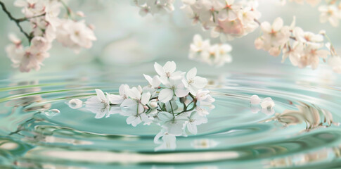 A serene spring background with delicate cherry blossoms floating on the water, creating ripples and reflections