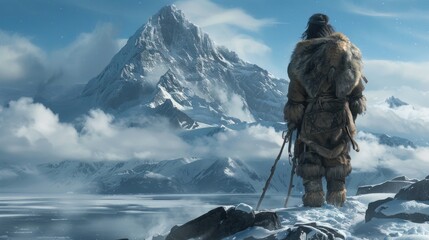 A traditional Inuit hunter setting out on a quest amidst Greenland's frozen wilderness.