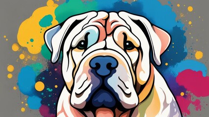 Colorful cartoon illustration with the head of a Sharpei dog.  - obrazy, fototapety, plakaty