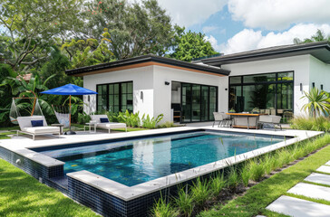 a small pool and outdoor living area in front, a modern house with white stucco walls and black steel frame construction. Patio furniture sits on a grassy area near the pool