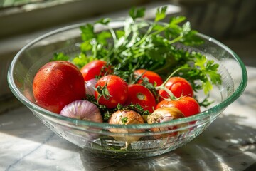 Close up of a bowl full of fresh vegetables, tomatoes, parsley, and onions. - obrazy, fototapety, plakaty
