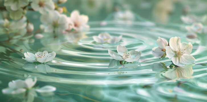 A serene spring background with delicate cherry blossoms floating on the water, creating ripples and reflections
