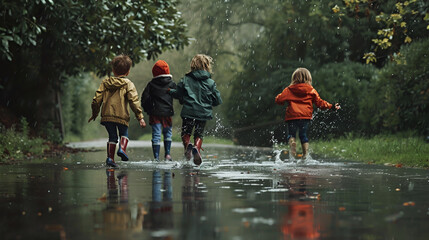 niños felices alegres divertidos corriendo y saltando brincando en los charcos de la lluvia mojandose y jugando con sus botas de lluvia disfrutando de su infancia paseando entre los árboles del bosque - obrazy, fototapety, plakaty