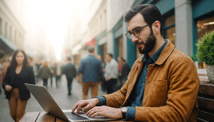 
A man sitting on a bench and typing on a laptop outdoors in the middle of a city