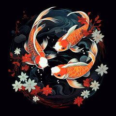 Three koi fish art on a black background. Fish. Pet. Animals. Illustration, Generative AI.