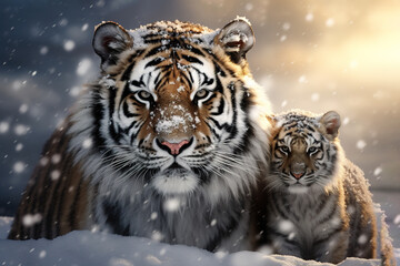 Image of family of siberian tigers is in the middle of a snowstorm in the forest. Mammals. Wildlife Animals. Ai.