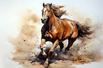 Beautiful watercolor painting of a running brown horse. Wild Animals. Illustration, Generative AI. - obrazy, fototapety, plakaty