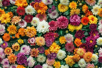 Flowers wall background with amazing red, orange, pink, purple, green and white chrysanthemum flowers 8K tile collage - Powered by Adobe