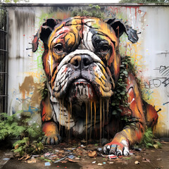 Sculpture and painting street art of bulldog full of colorful colors and covered with leaves and grass. Pet. Animals. Illustration, Generative AI.