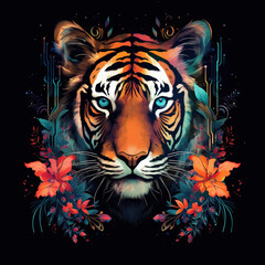 Tiger face on a black background. Wildlife Animals. Illustration, Generative AI.