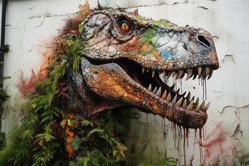 Sculpture and painting street art of dinosaur full of colorful colors and covered with leaves and grass. on the old wall. Ancient animals. Wildlife Animals. Generative AI.