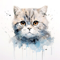 Image of watercolor painting of scottish fold cat head on a clean background. Pet. Animals. Illustration. Generative AI.
