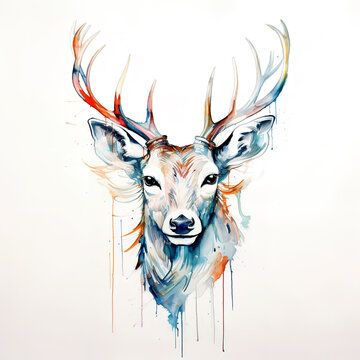 Beautiful watercolor painting of a deer head on a white background. Mammals, Wildlife Animals. Illustration, Generative AI.