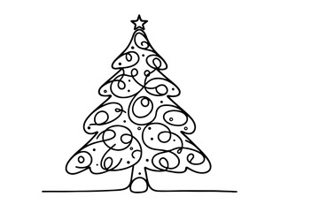 one Continuous black line art drawing of Merry Christmas tree. Hand drawn of Santa Claus outline doodle vector illustration on white background